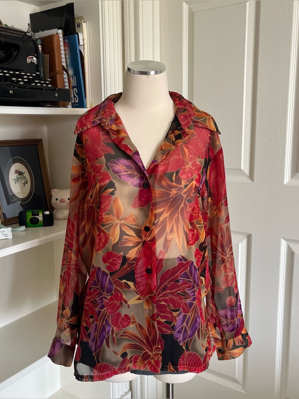 Virgo petite sheer red floral blouse